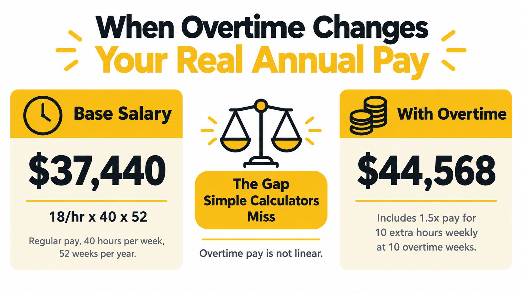 An infographic showing the difference in annual salary between base pay and pay including overtime hours.