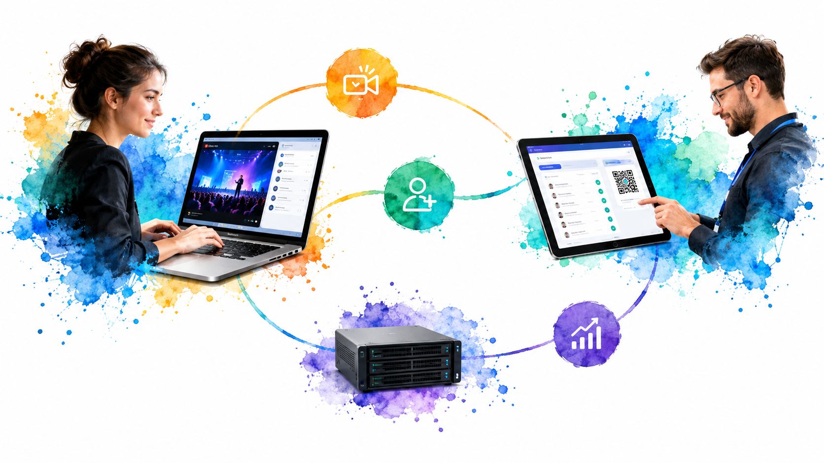 A woman using a laptop and a man using a tablet, connected via software icons and server hardware.