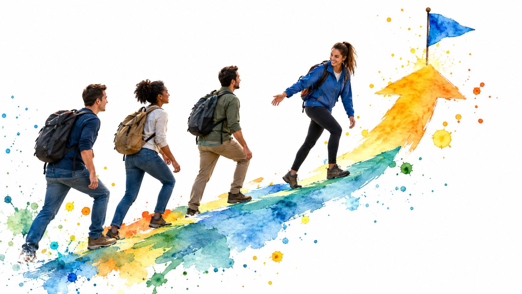 A diverse group of hikers climbing up a colorful, watercolor-style arrow toward a goal flag.