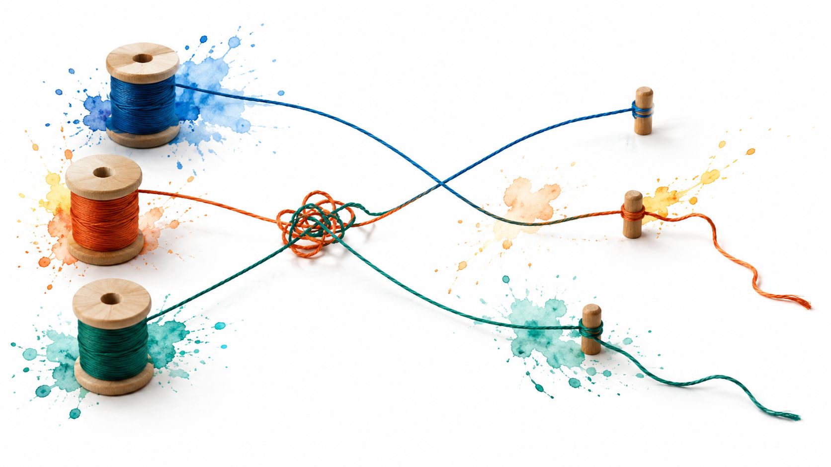 Three colored spools of thread with tangled lines crossing and connecting to small wooden pegs.