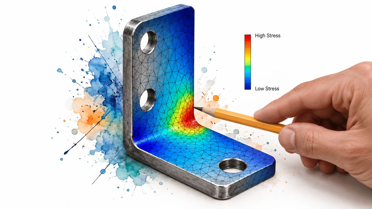 An L-bracket shown in a Finite Element Analysis visualization, with a hand pointing at the simulated result.