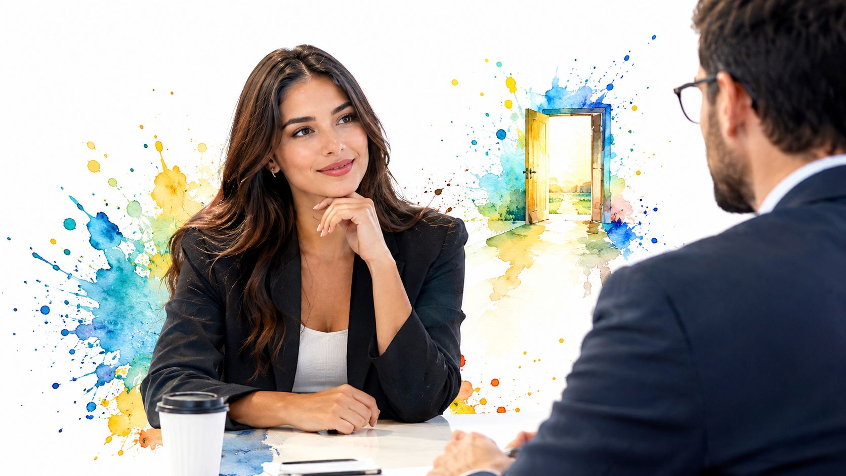 A professional woman sitting across from a male interviewer with a colorful abstract background and open door.