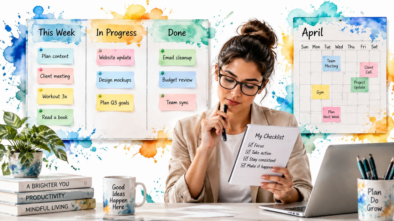 A professional woman planning her work schedule with task boards, calendars, and a checklist at her desk.