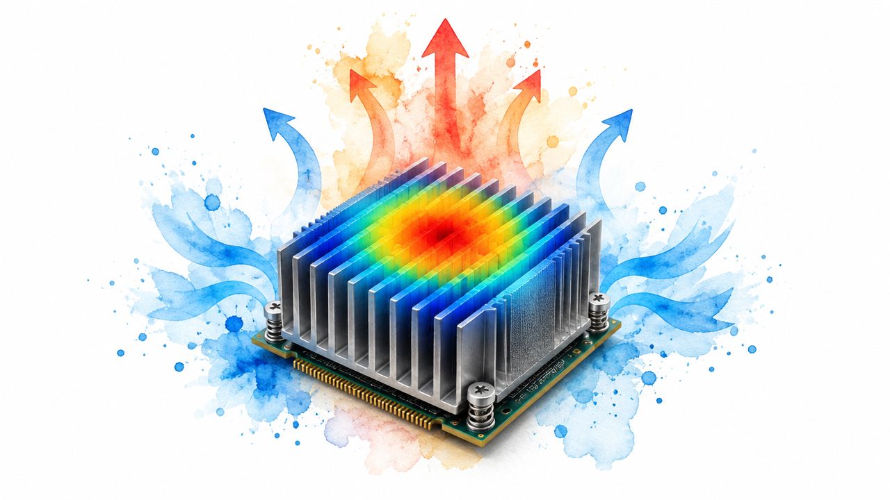 A processor heatsink with a thermal heat map and illustrated cooling airflow.