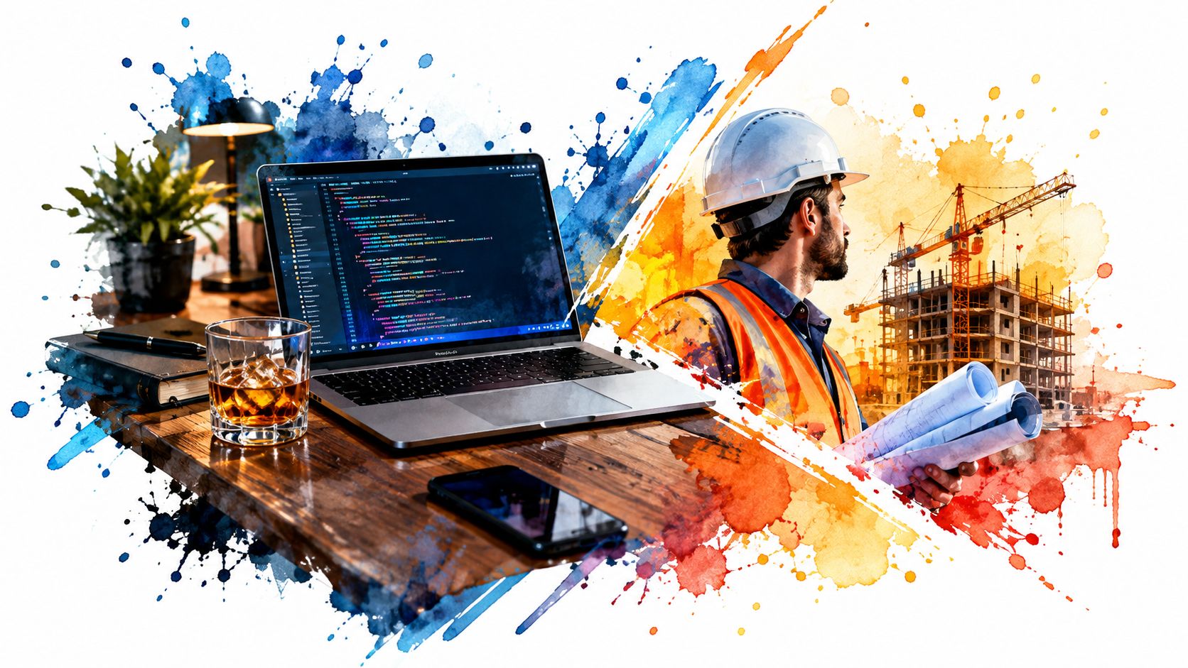 A split image showing a laptop with code on a desk and an engineer looking at a building construction.