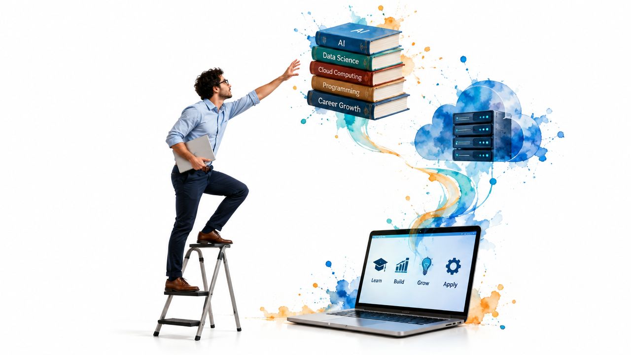 A man stands on a ladder reaching for a stack of educational books floating above a laptop.