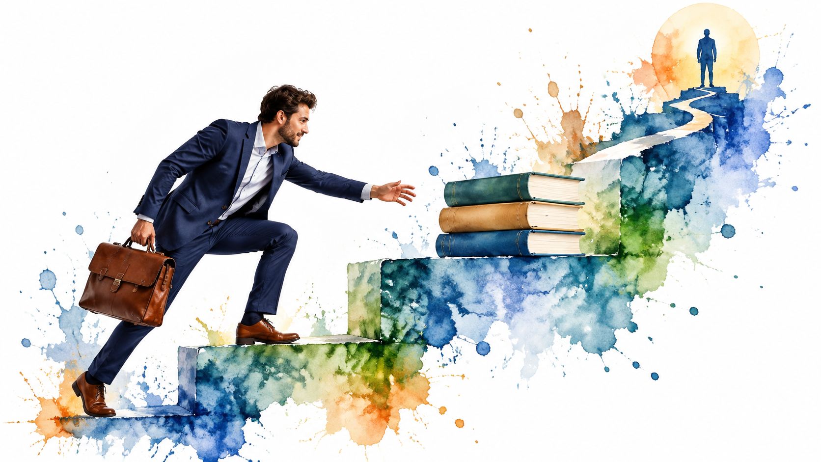 A professional man climbing watercolor-style stairs formed by books toward a glowing goal figure.