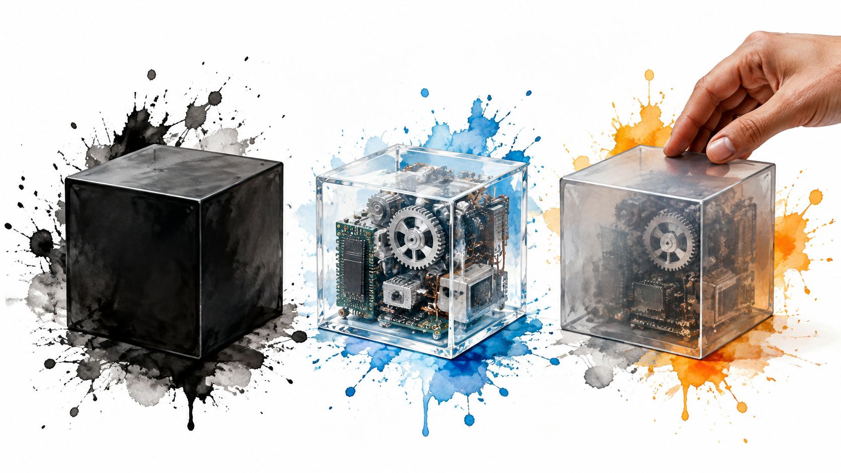 A hand touching a transparent box containing intricate mechanical and electronic components amidst colorful paint splatters.