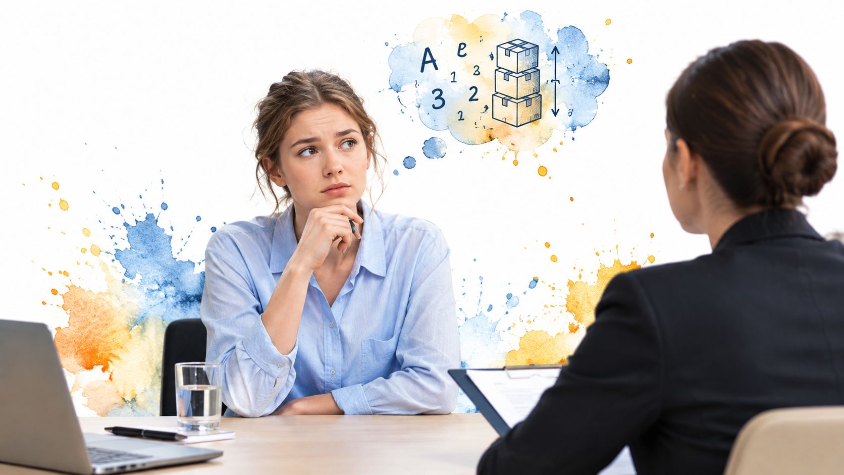 A job candidate looking thoughtful during a job interview with a hiring manager in an office.