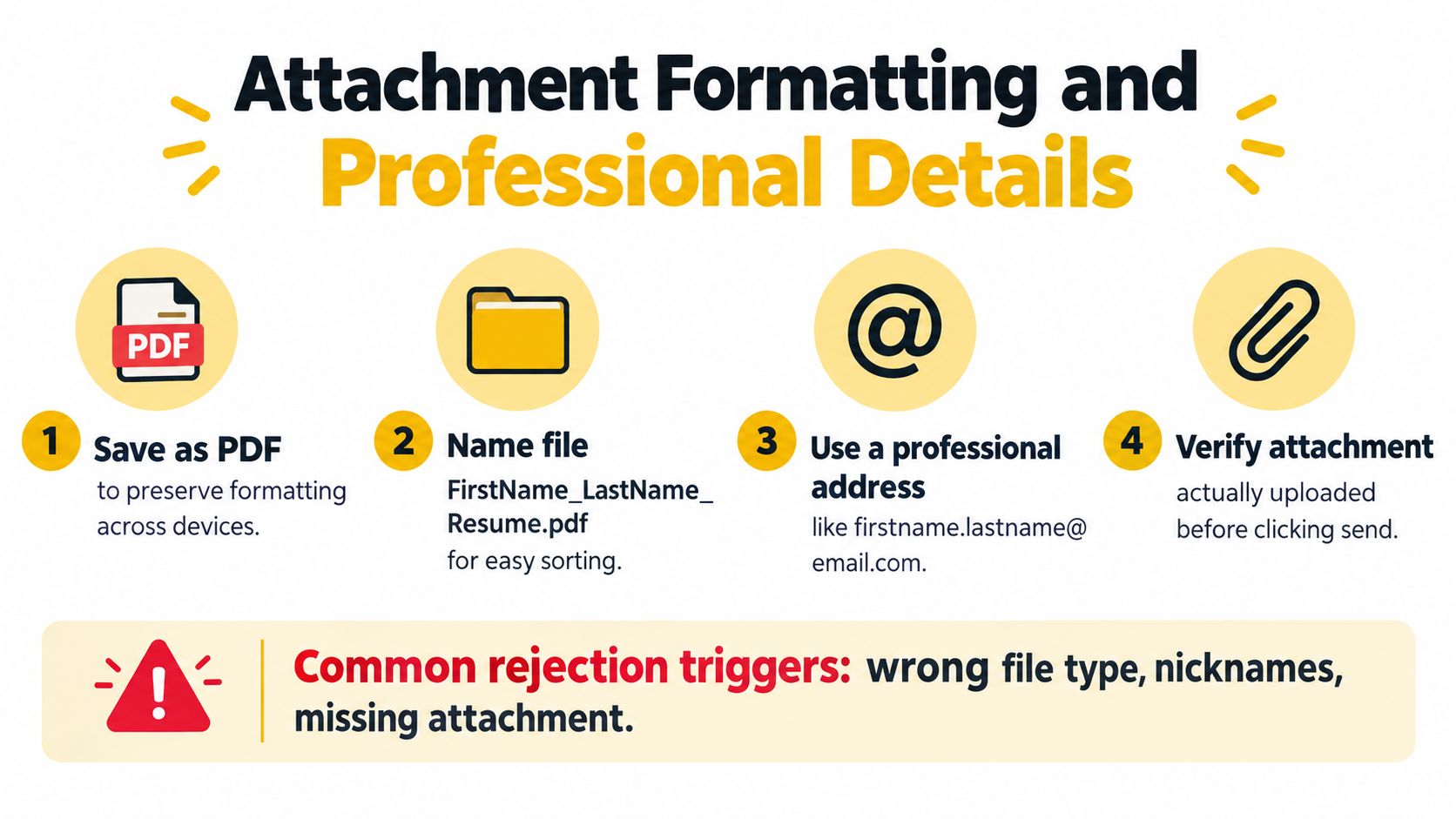 An infographic showing four professional steps to follow when sending resume attachments via email to ensure accuracy.