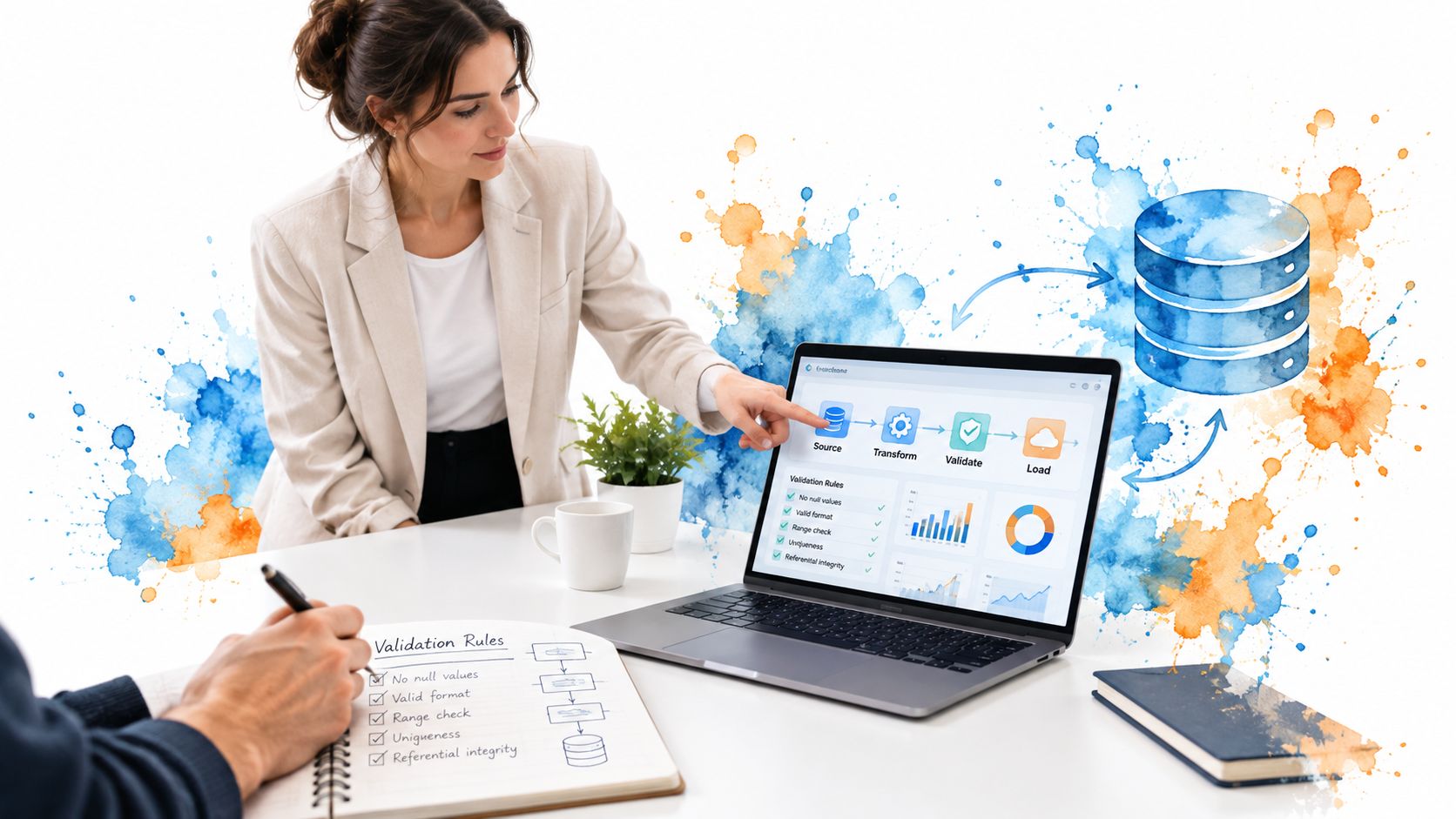 A professional woman explaining a data pipeline and validation rules to a colleague in an office setting.