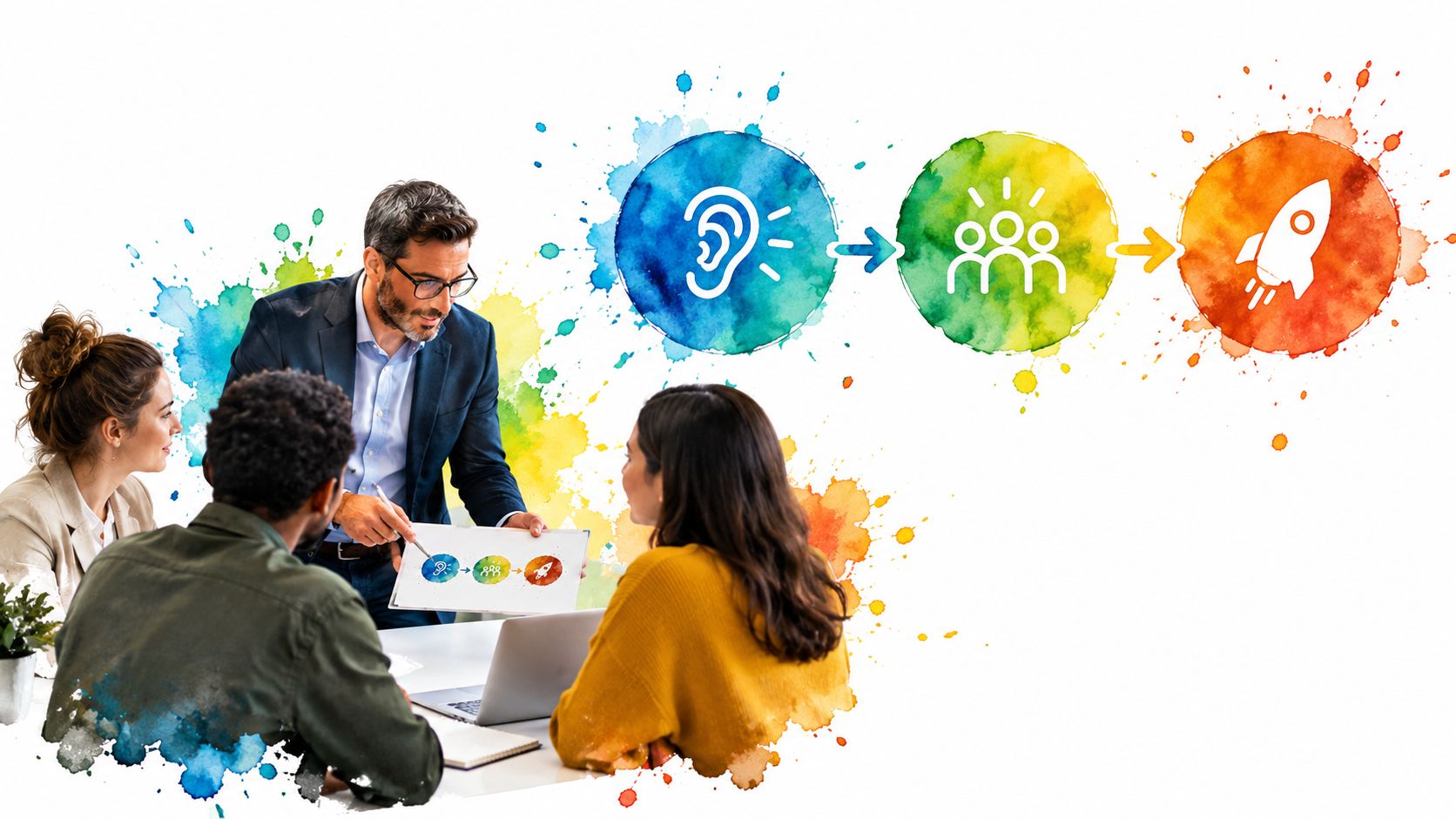 A professional business team having an executive strategy meeting with brainstorming symbols in the background.