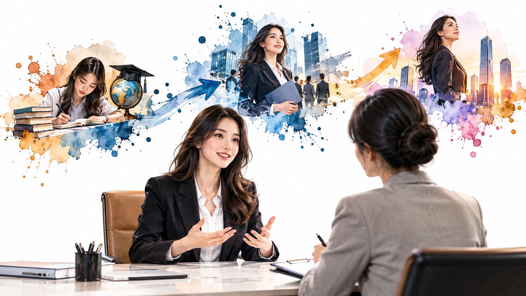 A woman interviewing for a job with visual representations of her educational background and professional career goals.