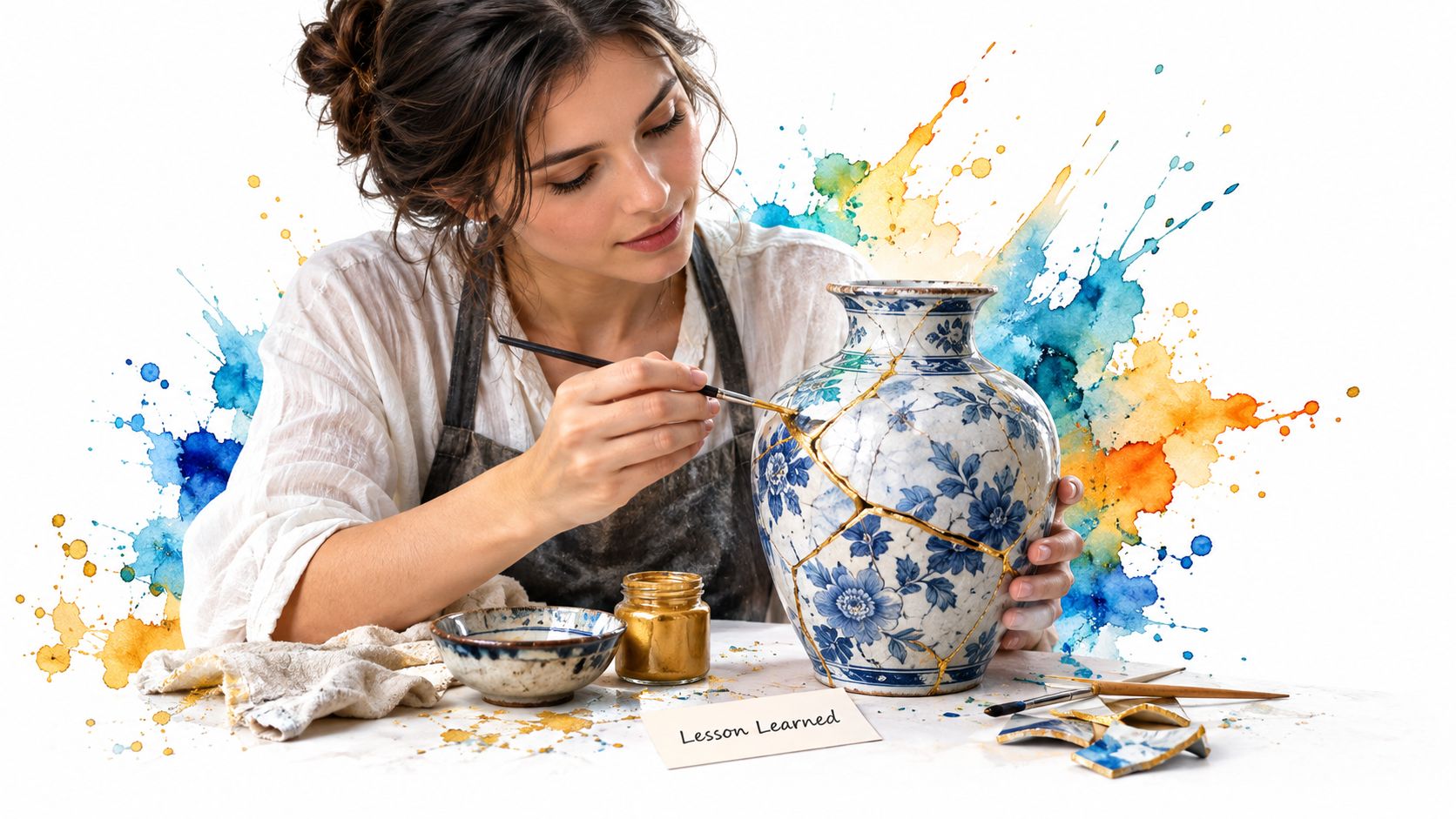 A focused artisan repairs a broken blue and white porcelain vase using gold kintsugi techniques.