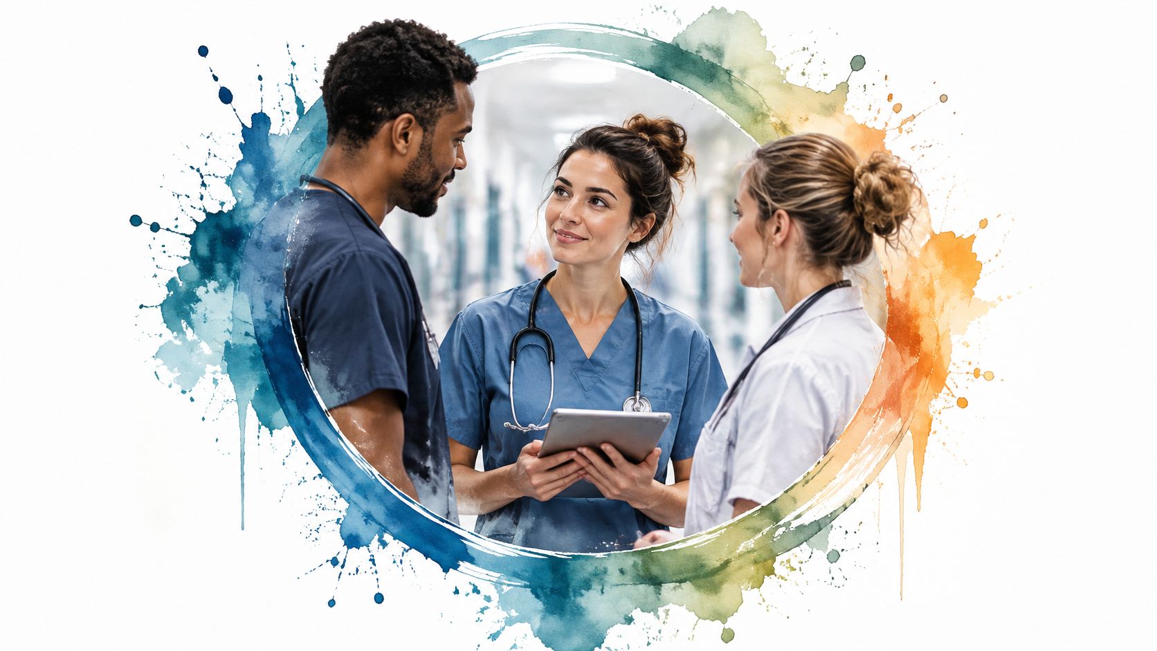 A diverse team of medical professionals reviewing patient data on a tablet in a hospital hallway.
