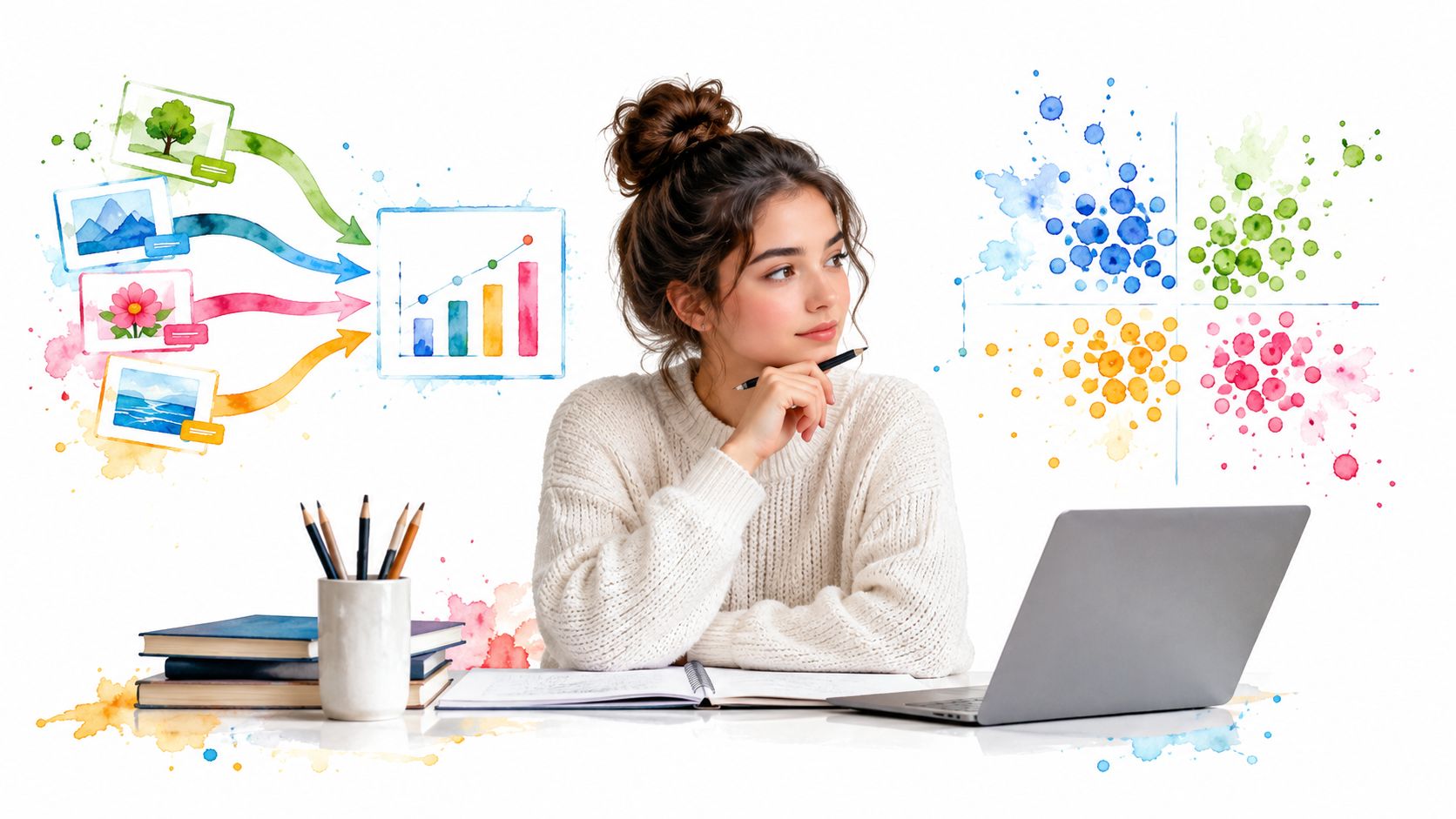 A focused young woman at her desk with a laptop, visualizing data concepts with colorful illustrations.