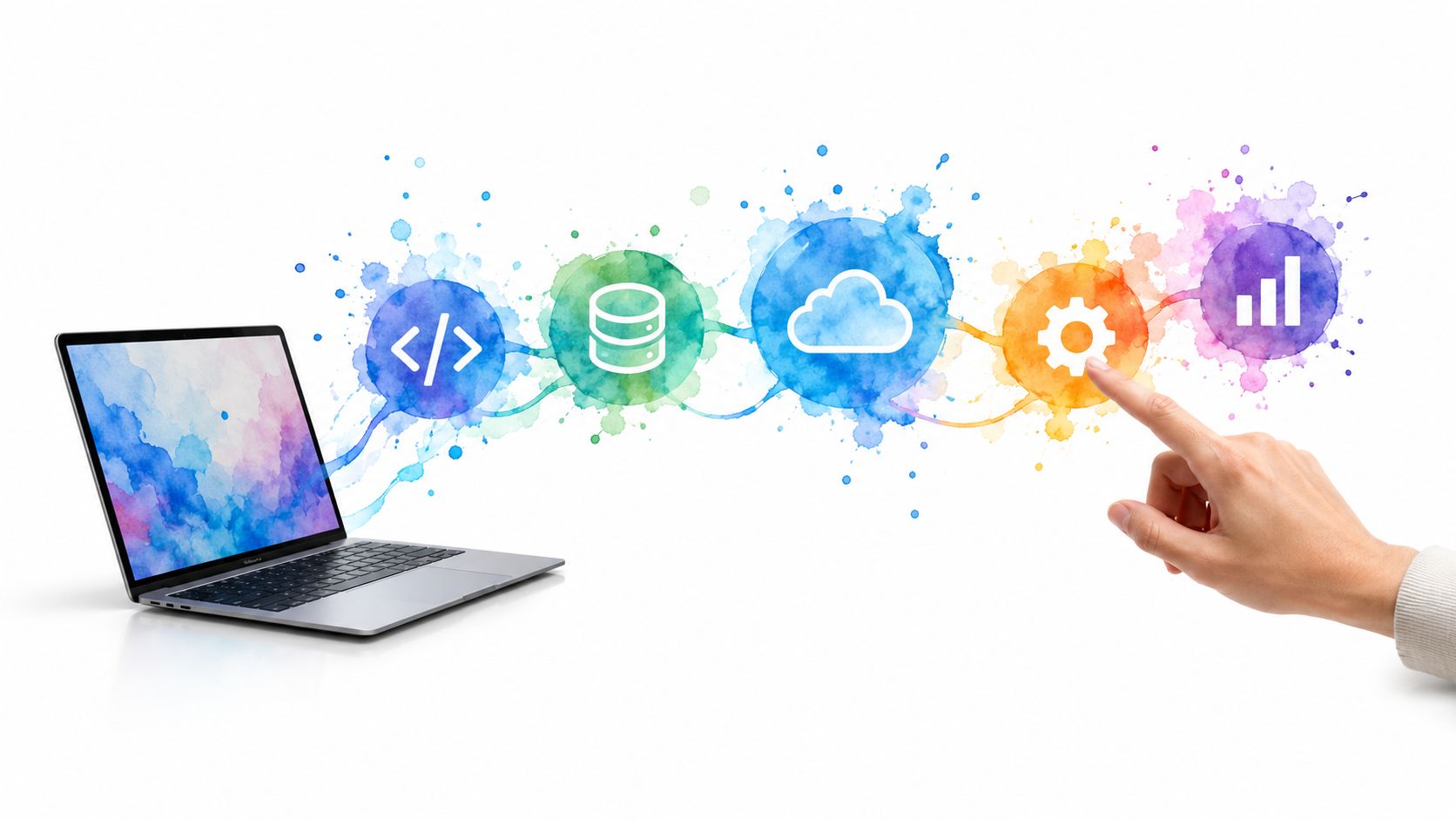A laptop connected to floating digital icons including coding, database, cloud, settings, and analytics being touched.