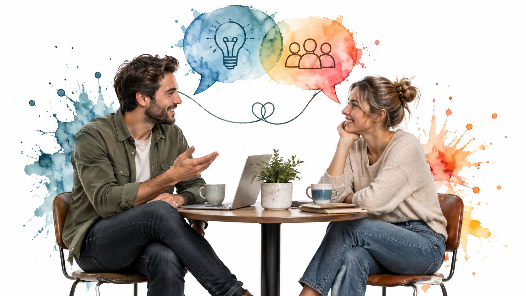 A man and a woman sitting at a cafe table discussing work ideas during an interview.