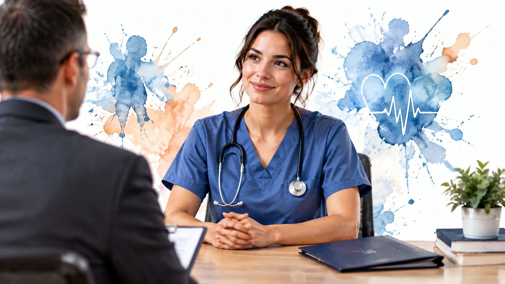 A professional nurse in blue scrubs interviewing a businessman about nursing job interview questions in an office.