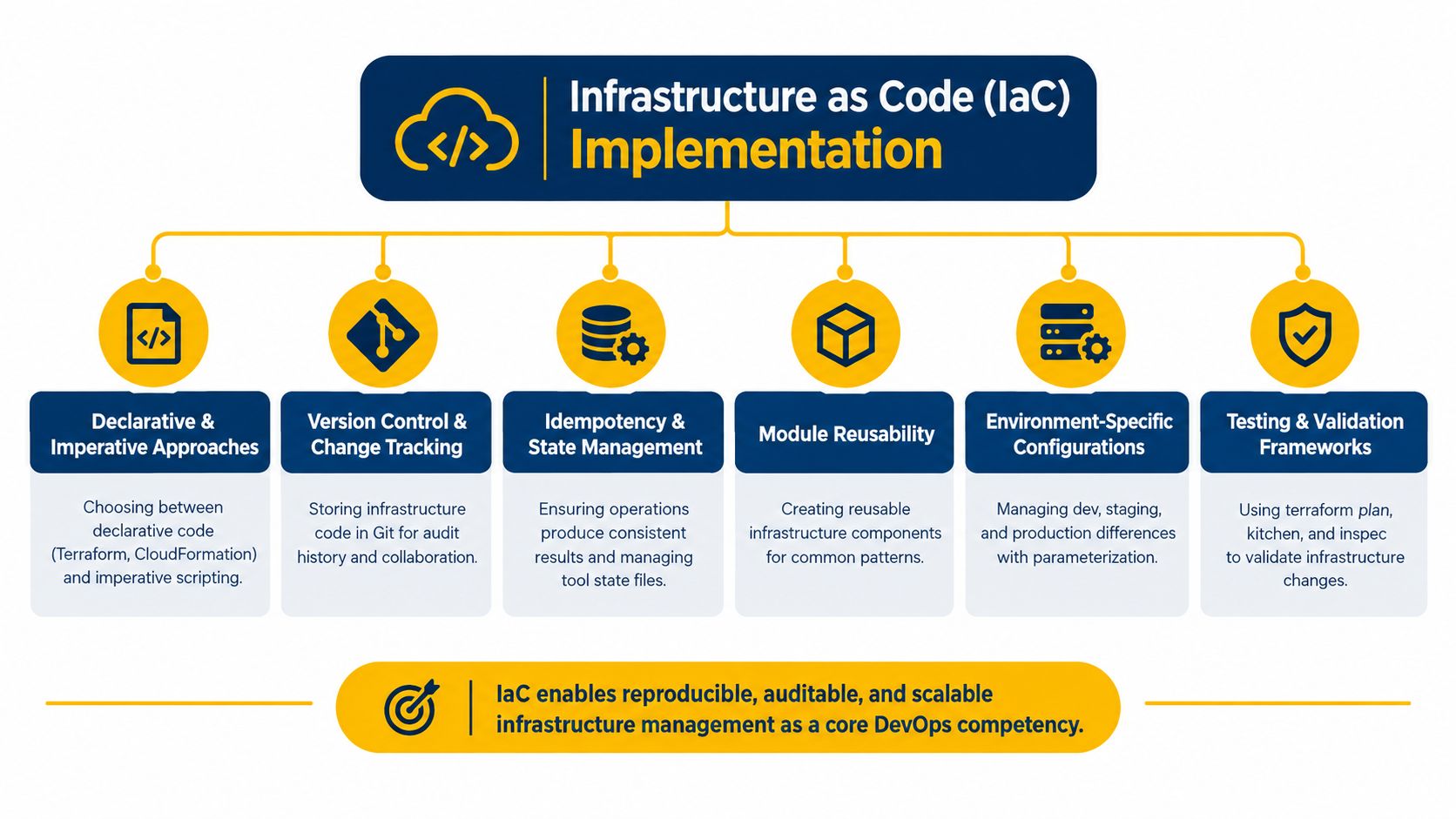 A diagram outlining the key components of Infrastructure as Code implementation, including version control, state management, and testing.