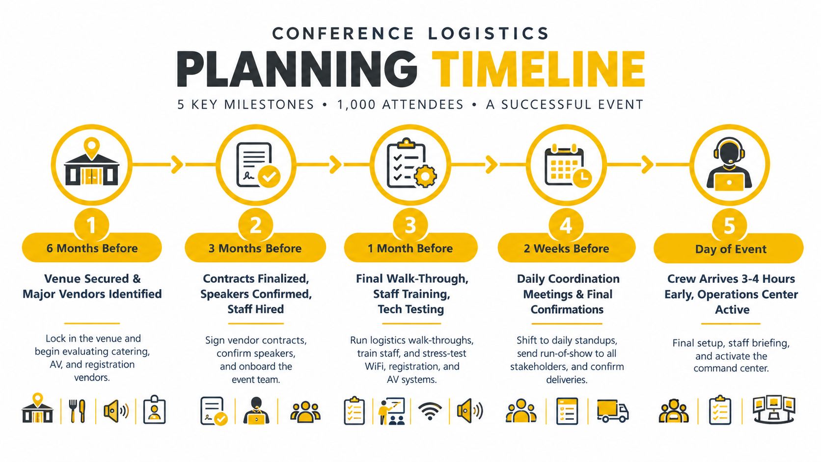 A planning timeline infographic illustrating five key milestones for conference logistics, from venue booking to event day.