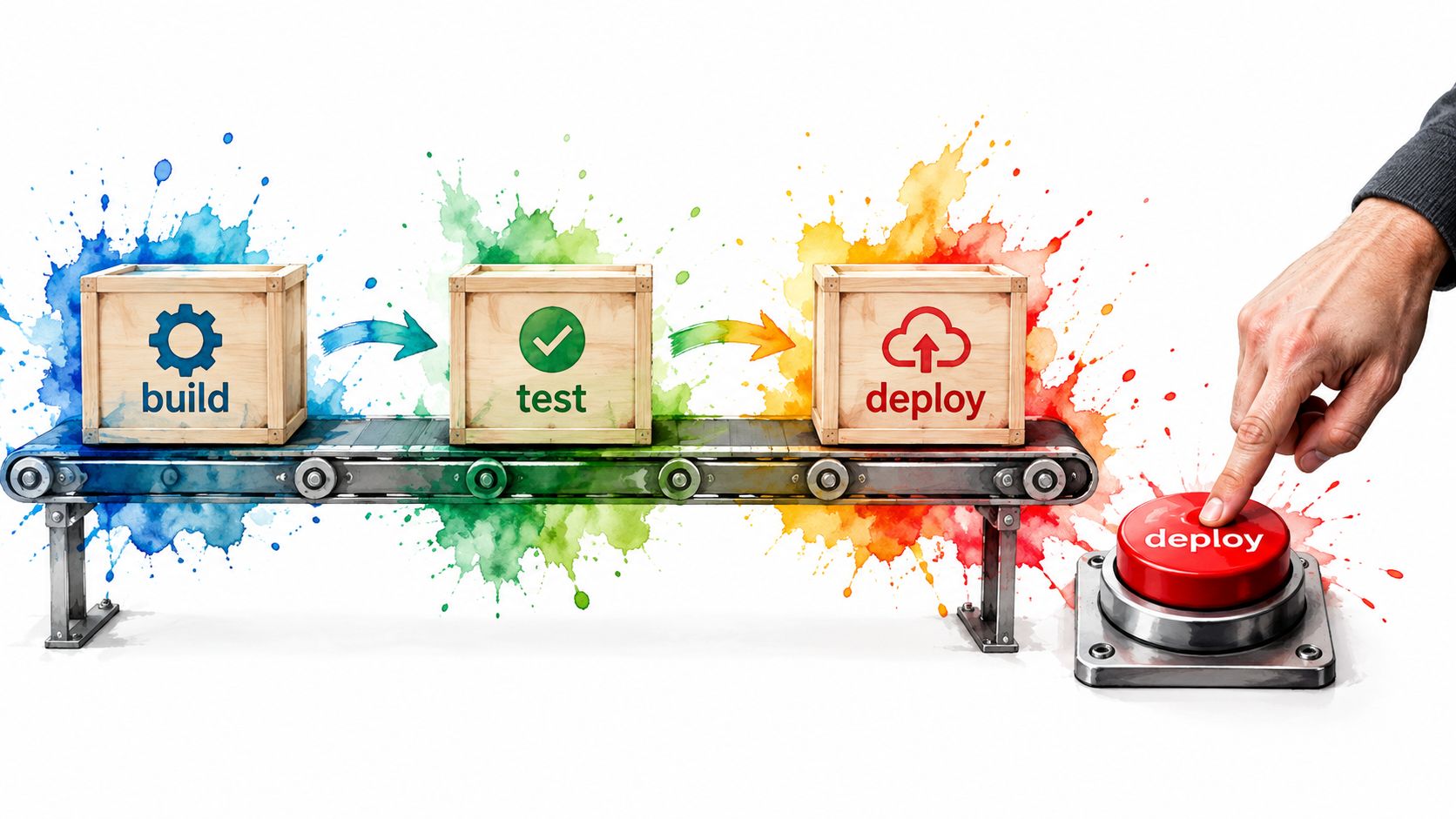 A hand presses a deploy button next to a conveyor belt featuring build, test, and deploy boxes.