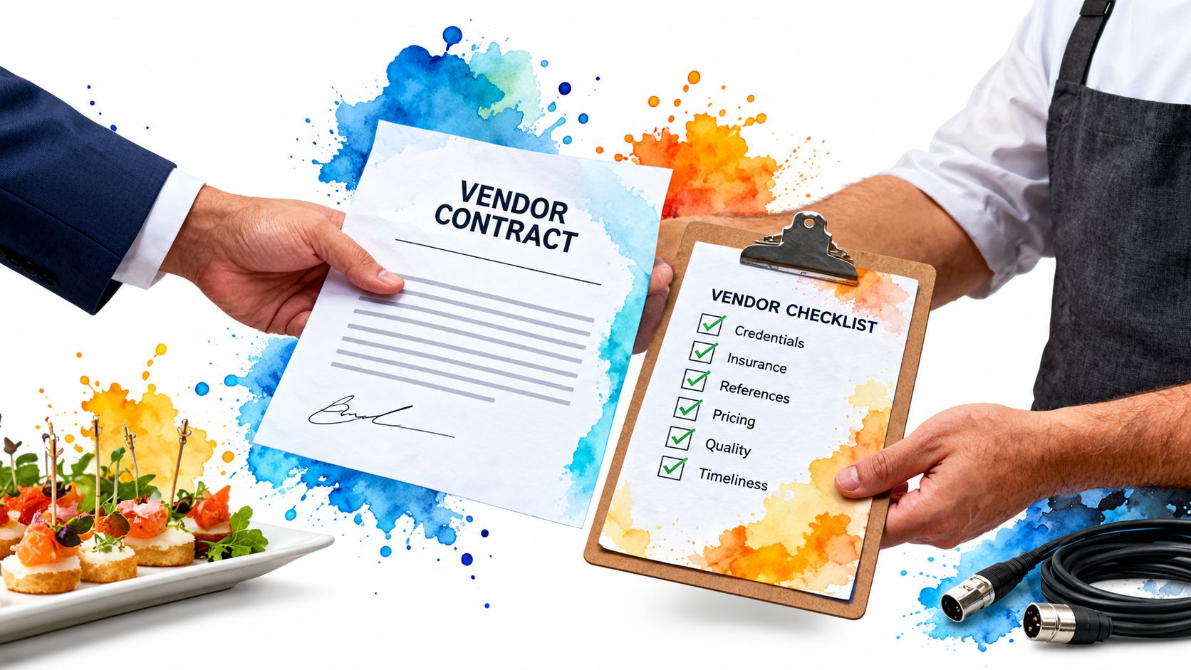 A professional handing a signed vendor contract and a checked vendor checklist to an event manager.