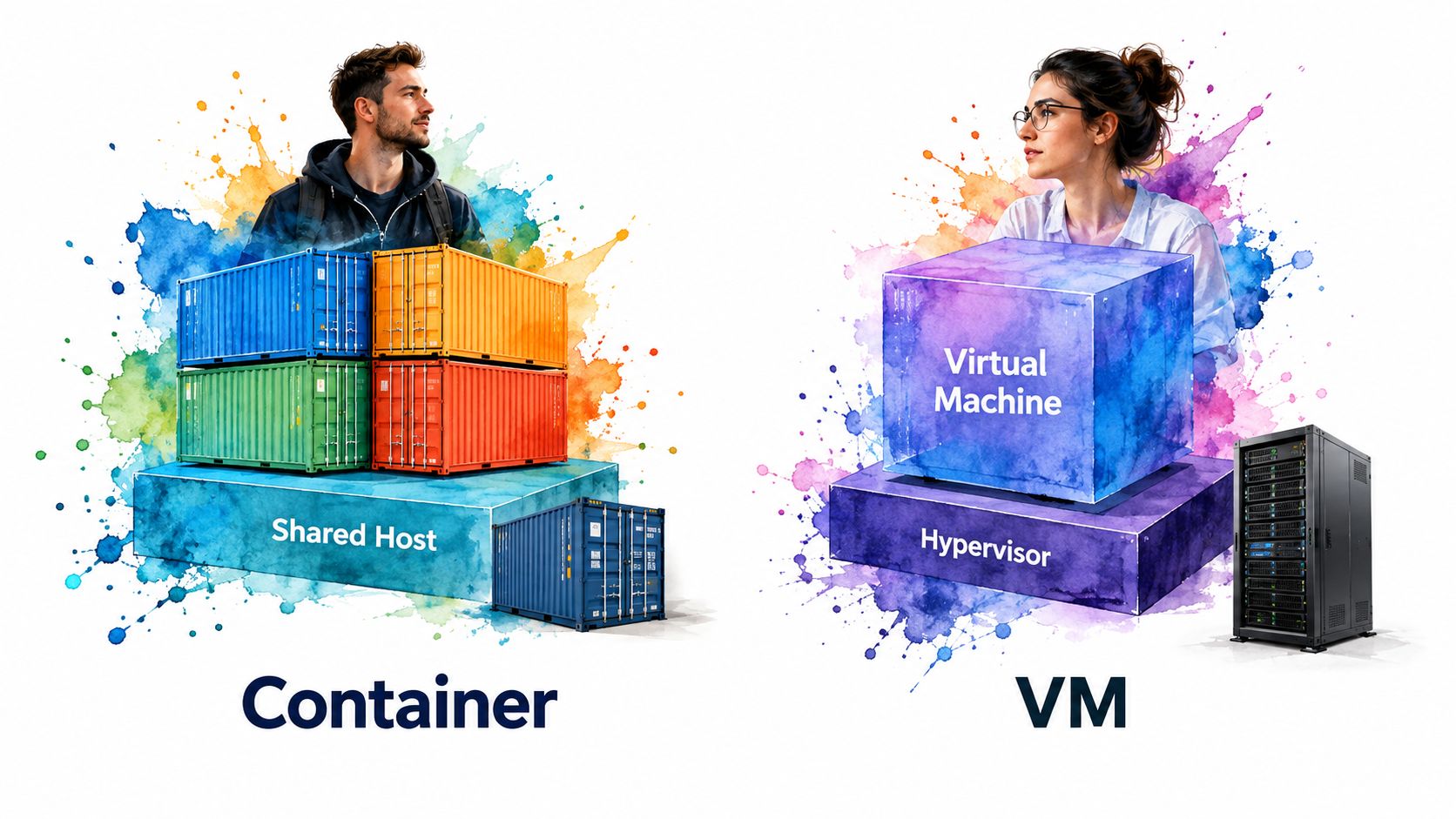 A digital illustration comparing container and virtual machine architecture with stylized human figures and watercolor backgrounds.
