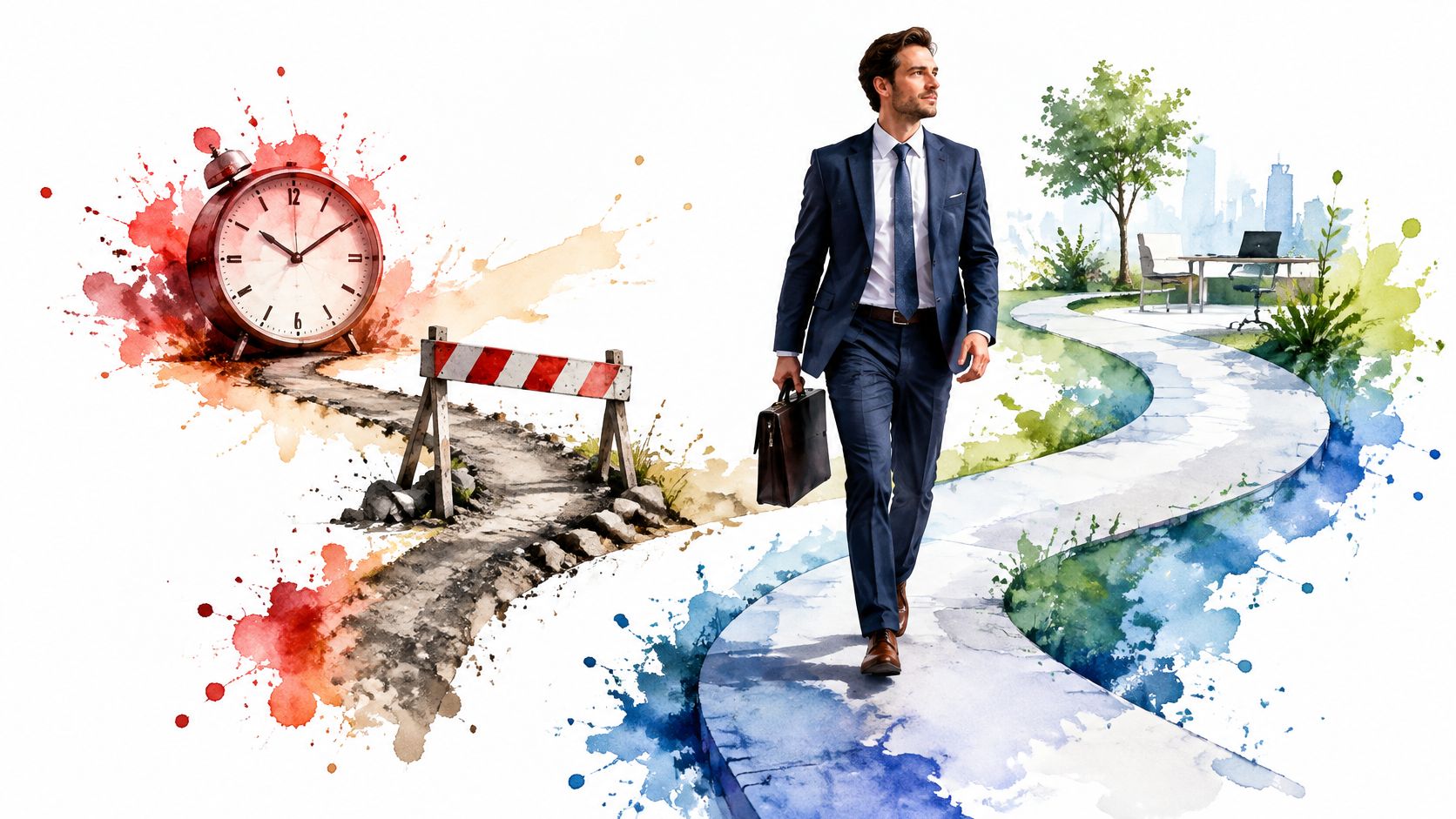A professional businessman walking on a smooth path towards a bright office, away from a blocked clock.