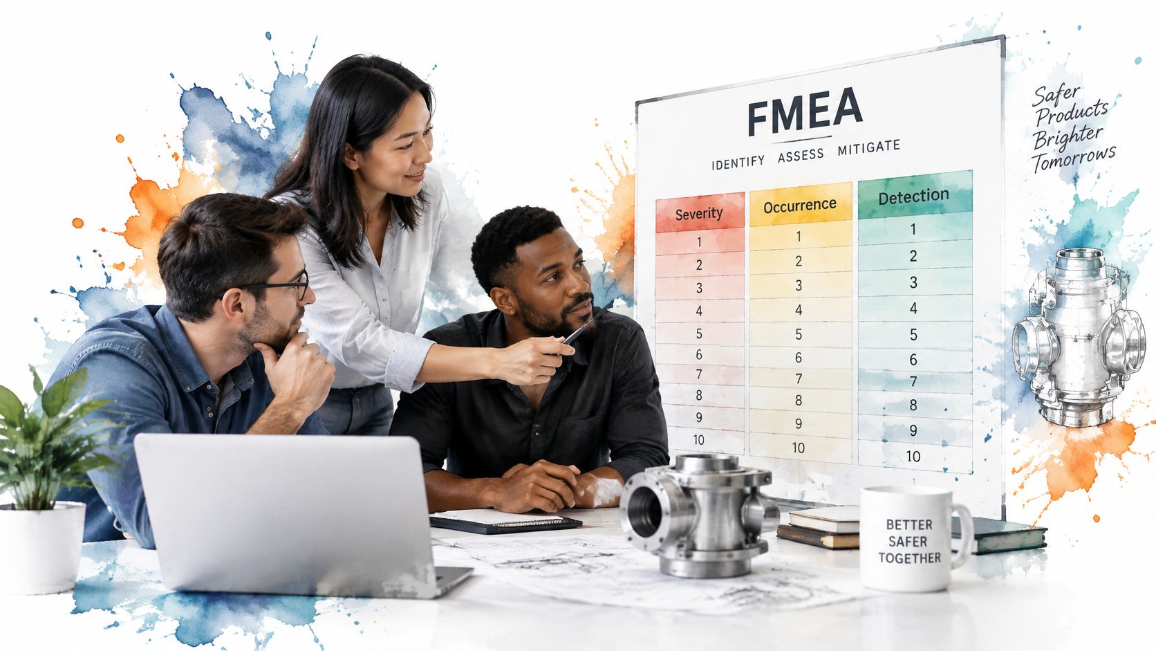 A diverse team of engineers discussing an FMEA chart during a professional quality engineering meeting.