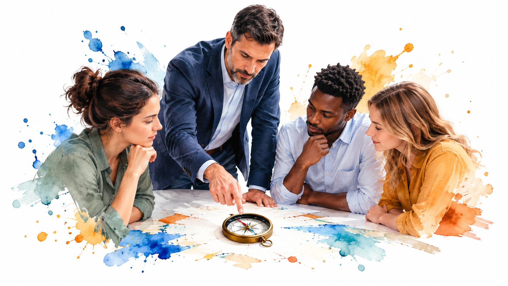 A professional team gathers around a table, pointing at a compass on a map for guidance.