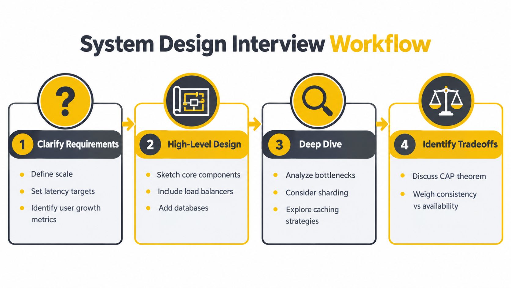 A flowchart infographic titled System Design Interview Workflow showing four steps: Clarify Requirements, High-Level Design, Deep Dive, and Identify Tradeoffs.