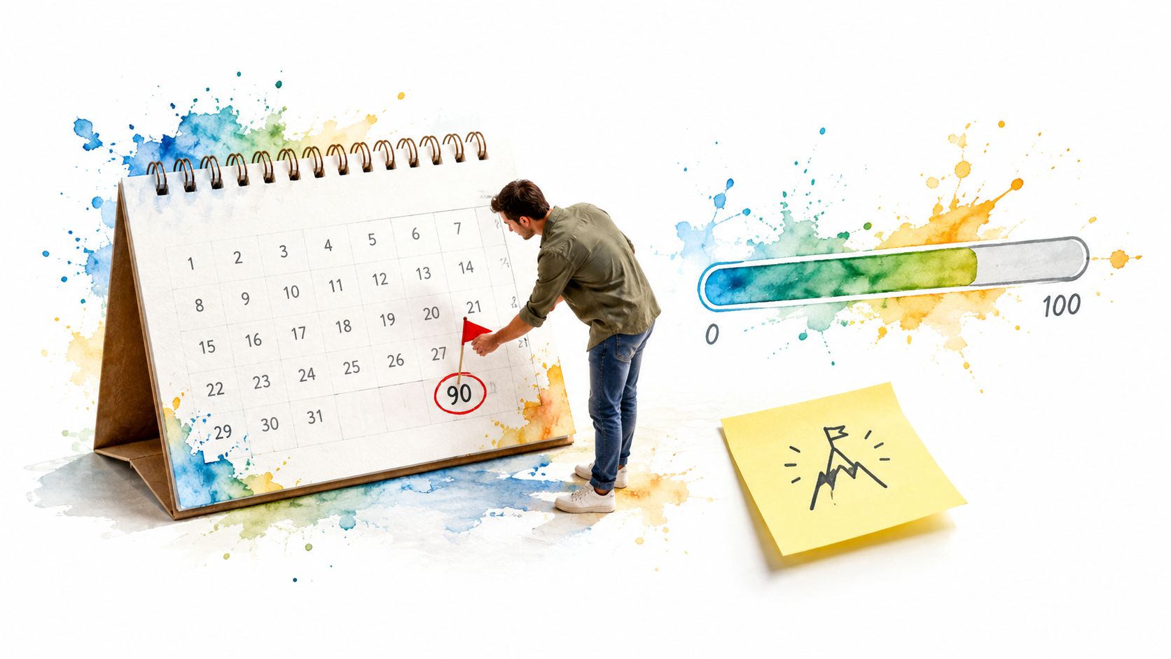 A man pointing at the number ninety on a desk calendar representing a long term goal achievement.