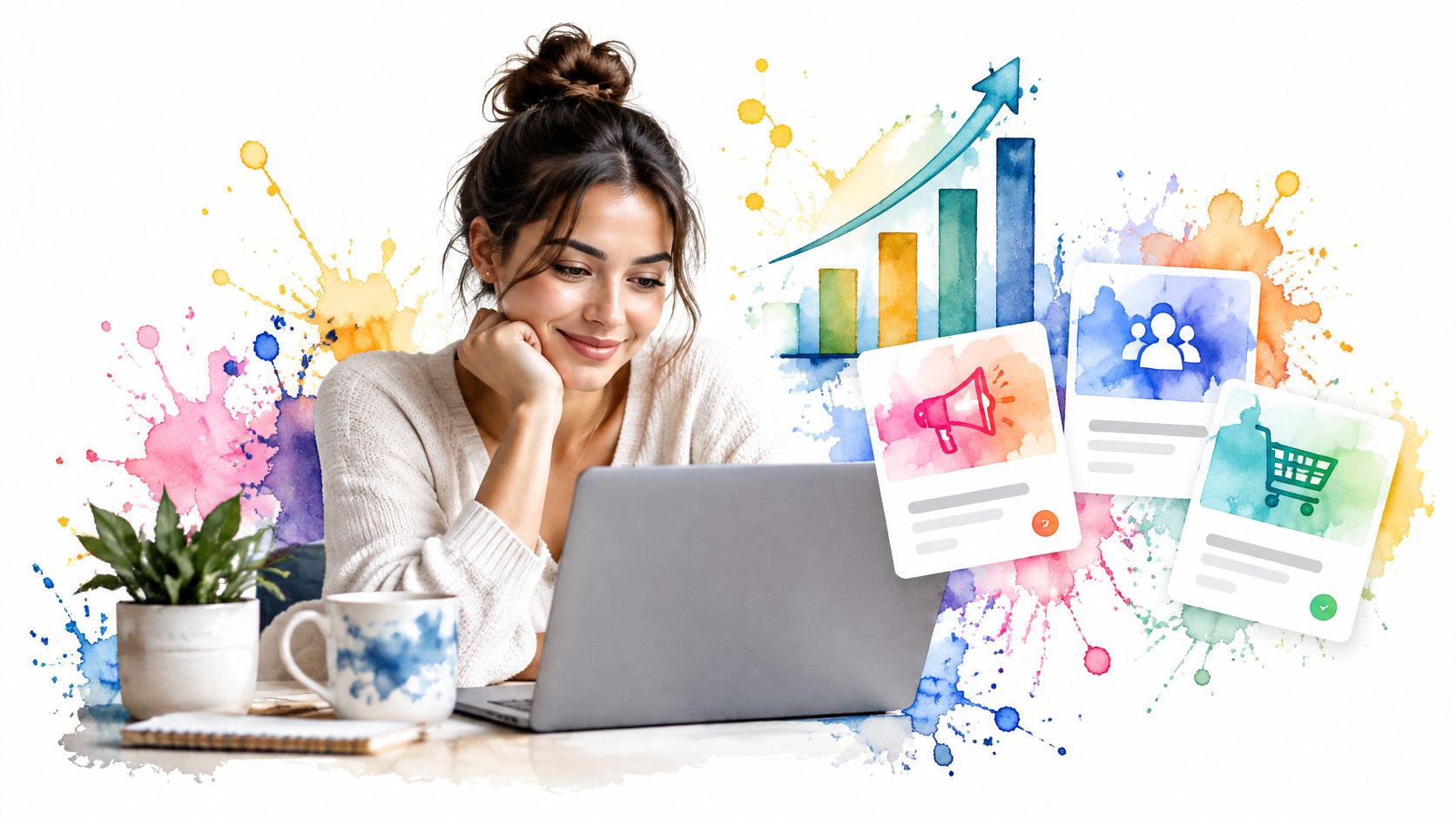 A woman working on her laptop with colorful digital marketing icons and graphics floating above her desk.