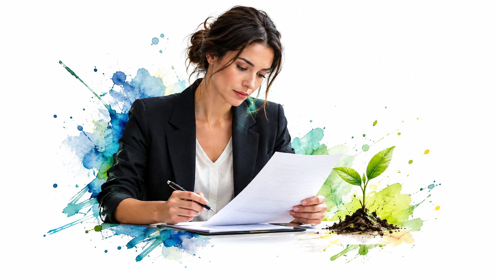 A professional woman in a business suit reviewing documents beside a small green plant sprout