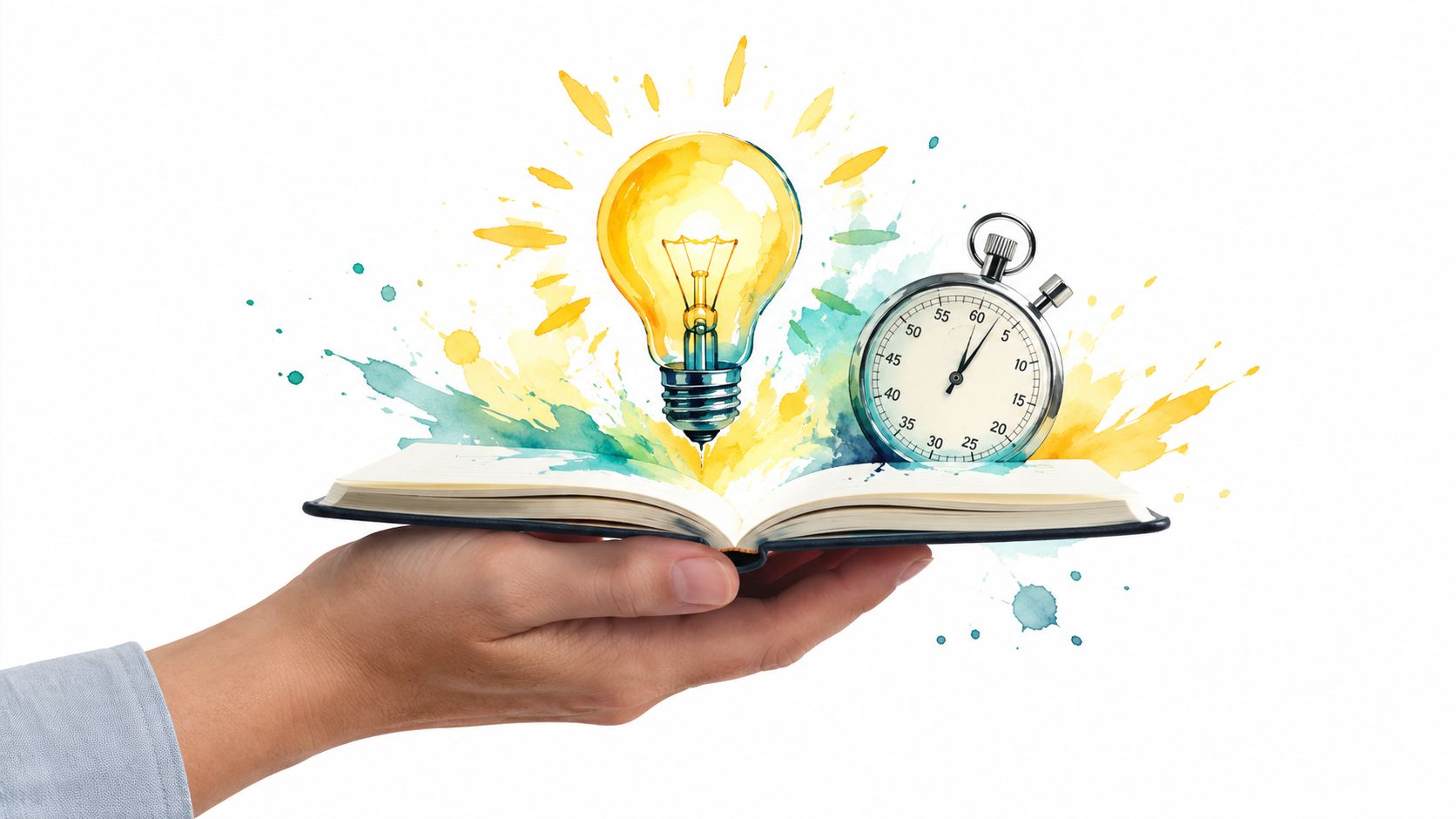 A hand holding an open book with a glowing light bulb and stopwatch emerging from pages.