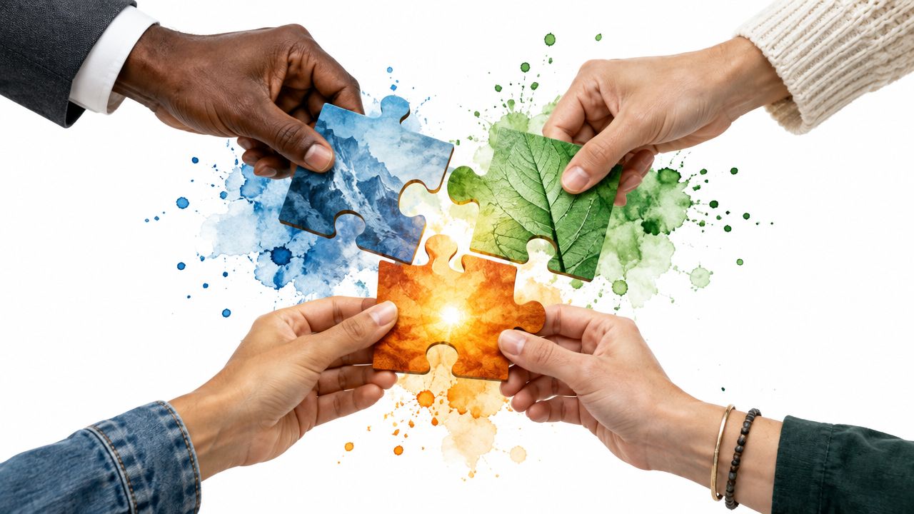 Four diverse people holding different puzzle pieces together to form a conceptual image of cooperation and unity.