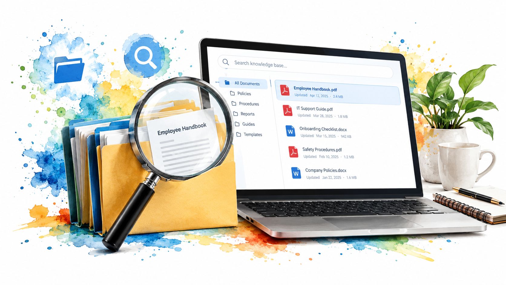 A digital illustration showing a laptop with organized workplace files and a magnifying glass searching documents.