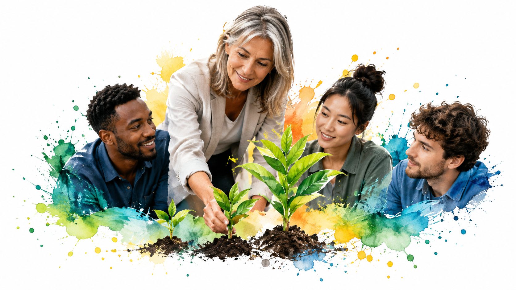 A diverse team of people collaborating to plant small seedlings in soil with watercolor background accents.