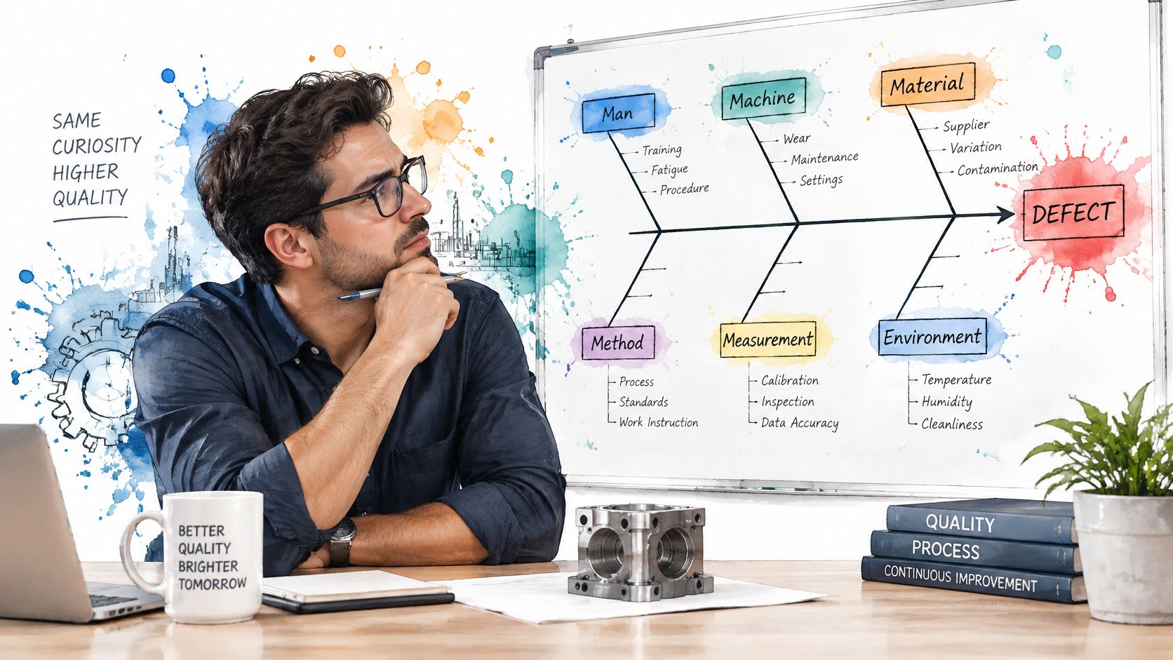 A professional quality engineer thoughtfully analyzing a fishbone diagram on a whiteboard in an office setting.