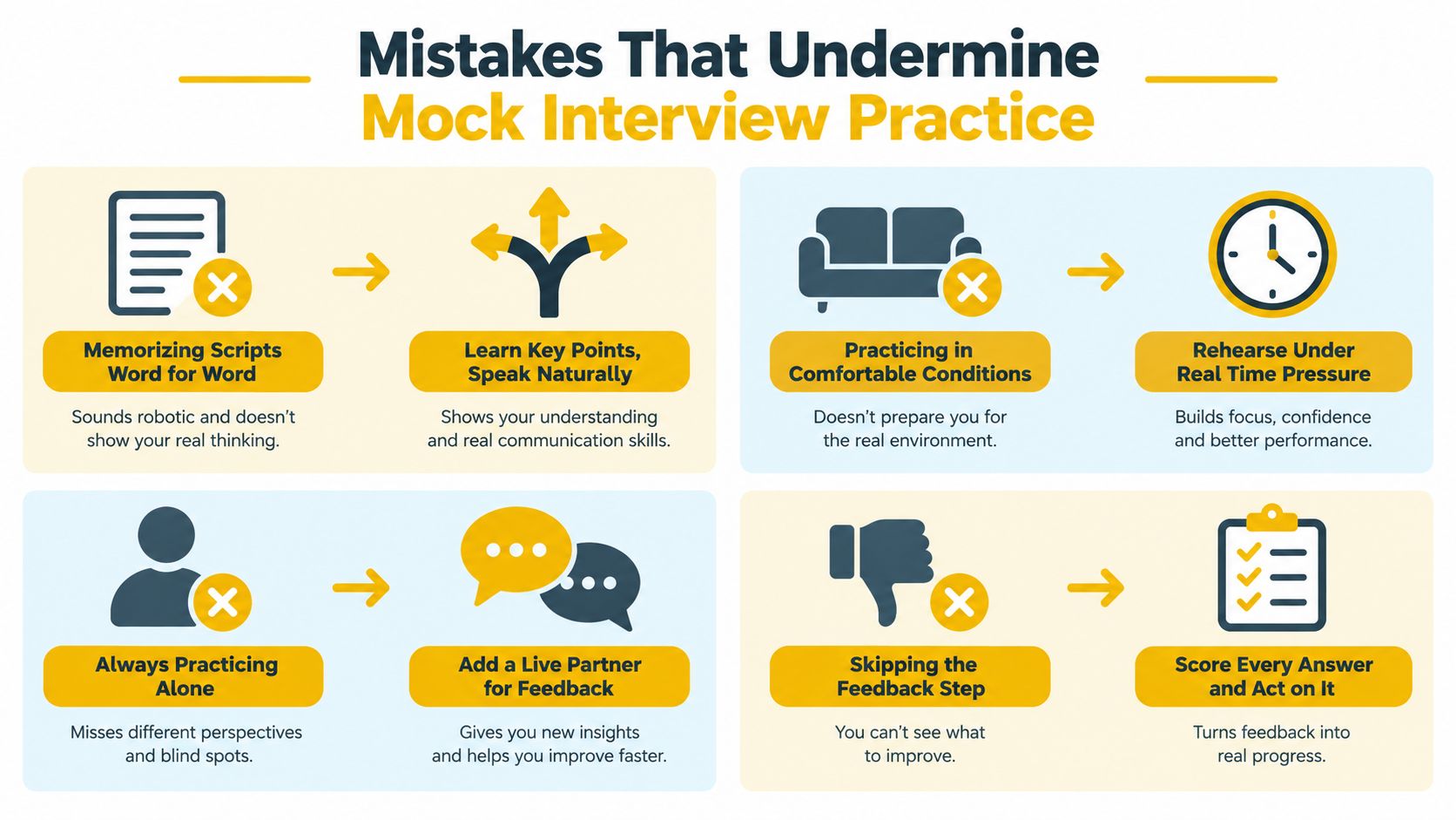 An infographic titled Mistakes That Undermine Mock Interview Practice, illustrating four common pitfalls and recommended improvements.