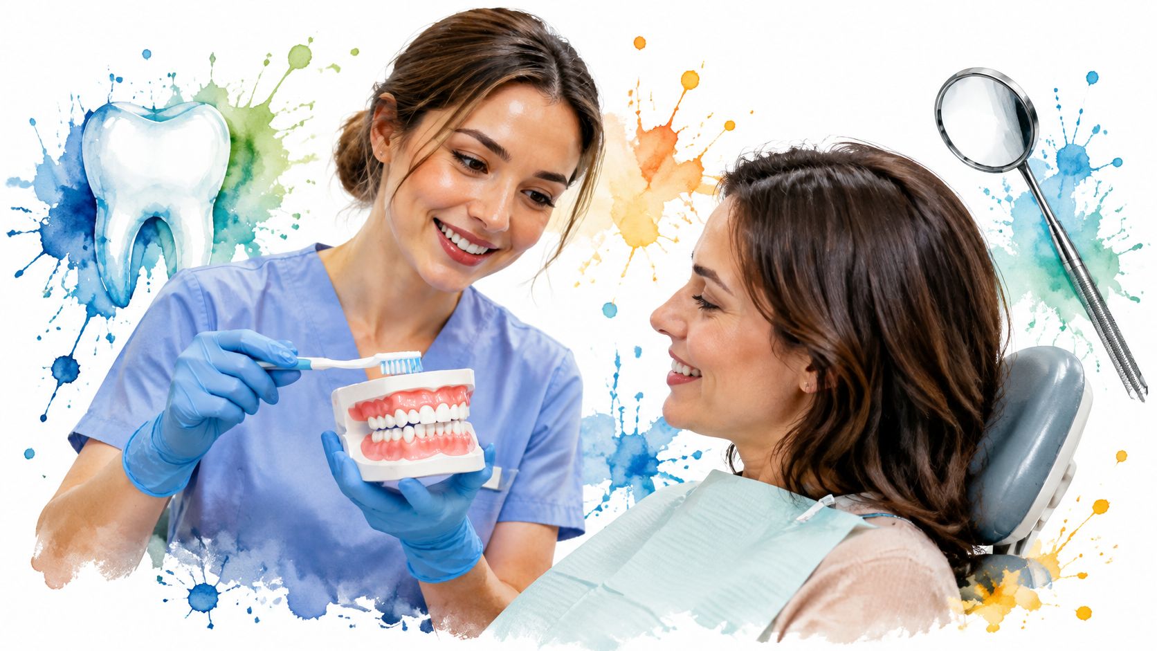 A smiling dental hygienist demonstrating proper tooth brushing techniques on a model to a female patient.