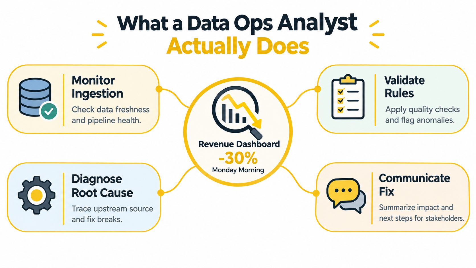 An infographic detailing the four key responsibilities of a Data Ops analyst, including monitoring, validation, diagnosis, and communication.