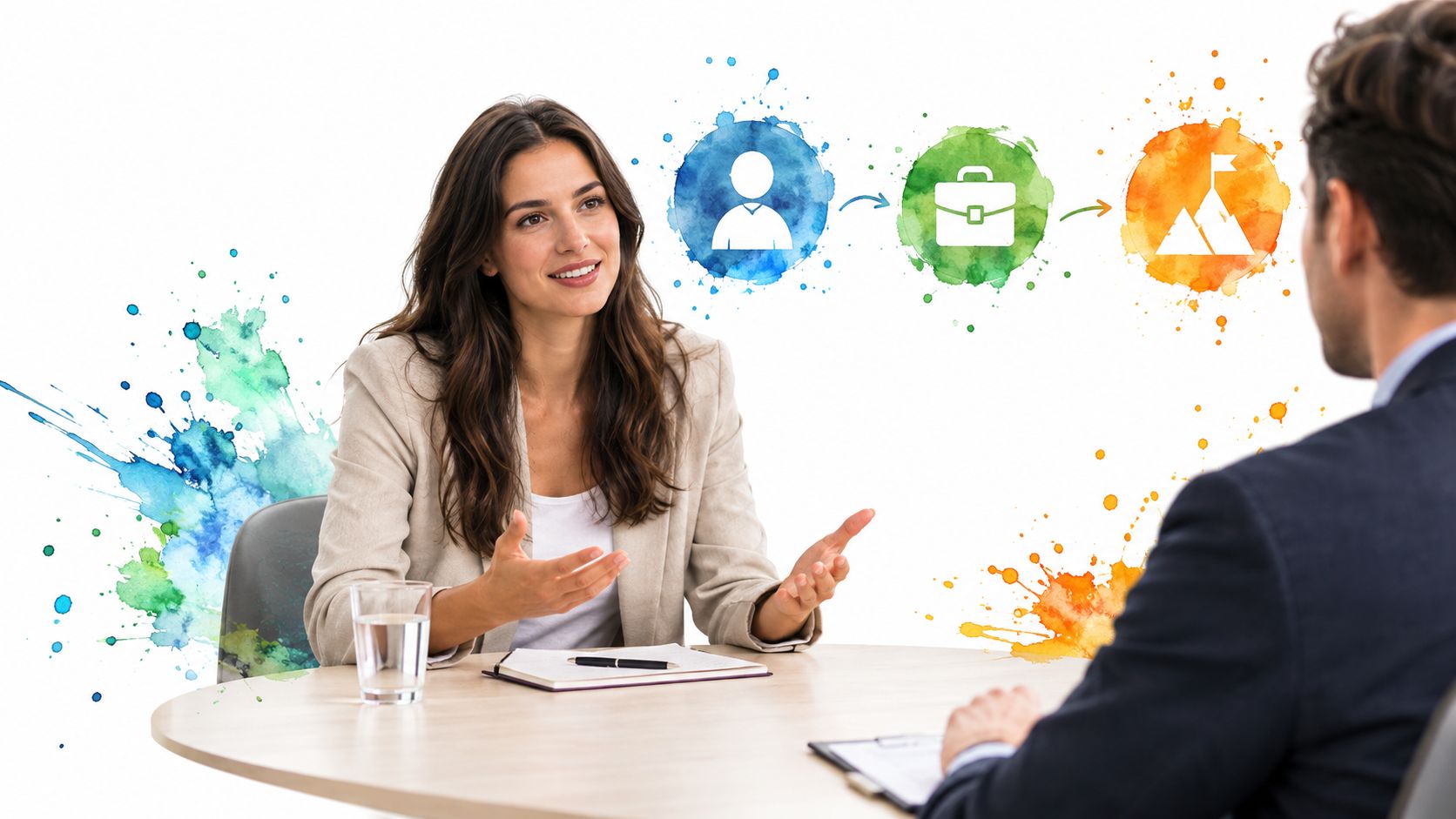 A professional woman participating in a job interview with a man, featuring creative business iconography.