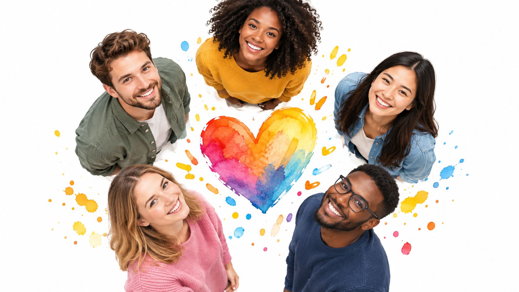 A diverse group of four young people looking up at the camera surrounding a colorful heart graphic.