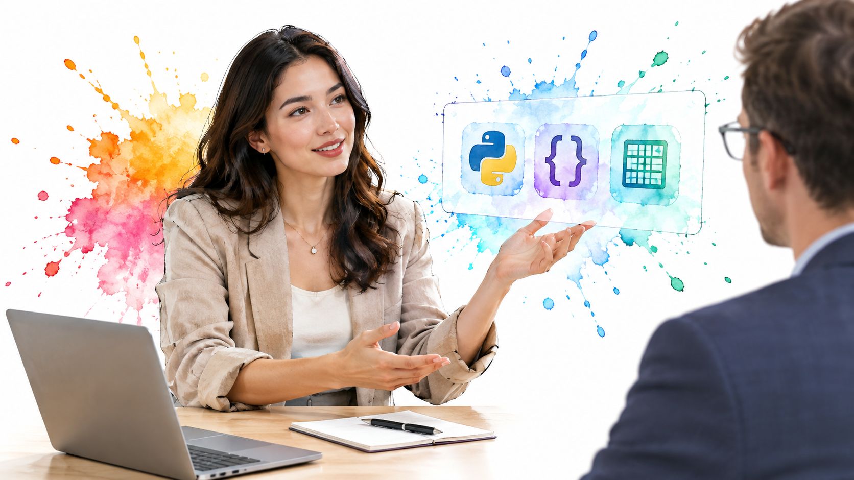 A businesswoman explaining Python programming, coding syntax, and data analysis concepts to a colleague in an office.