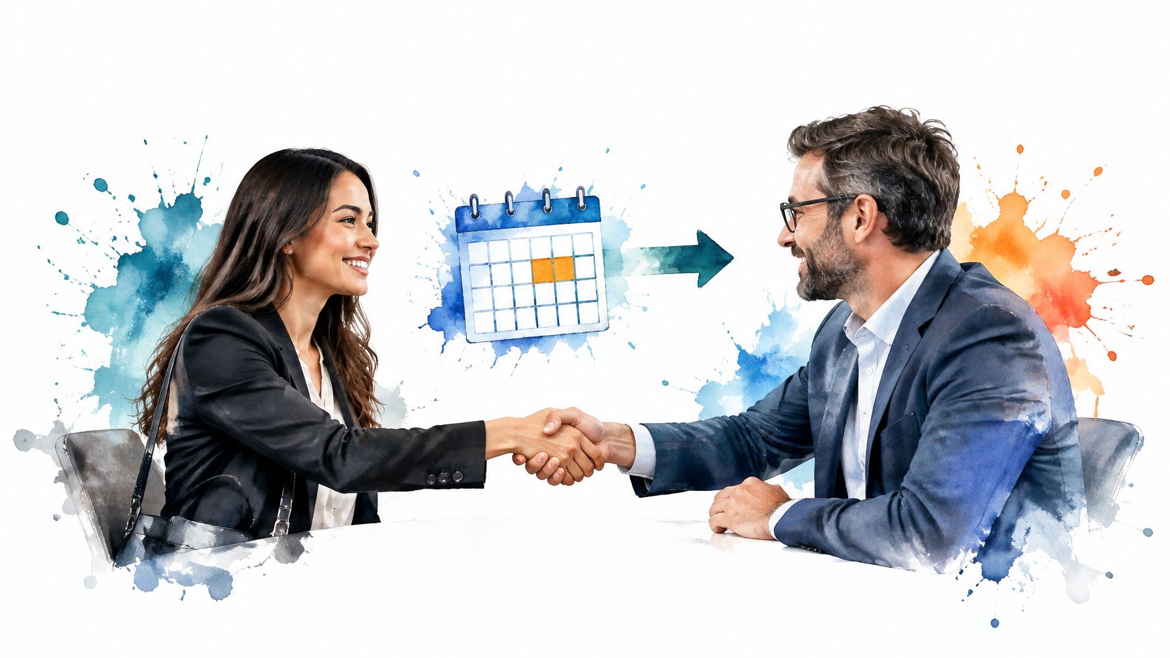 A professional woman and man in suits shaking hands with a calendar icon displayed between them.