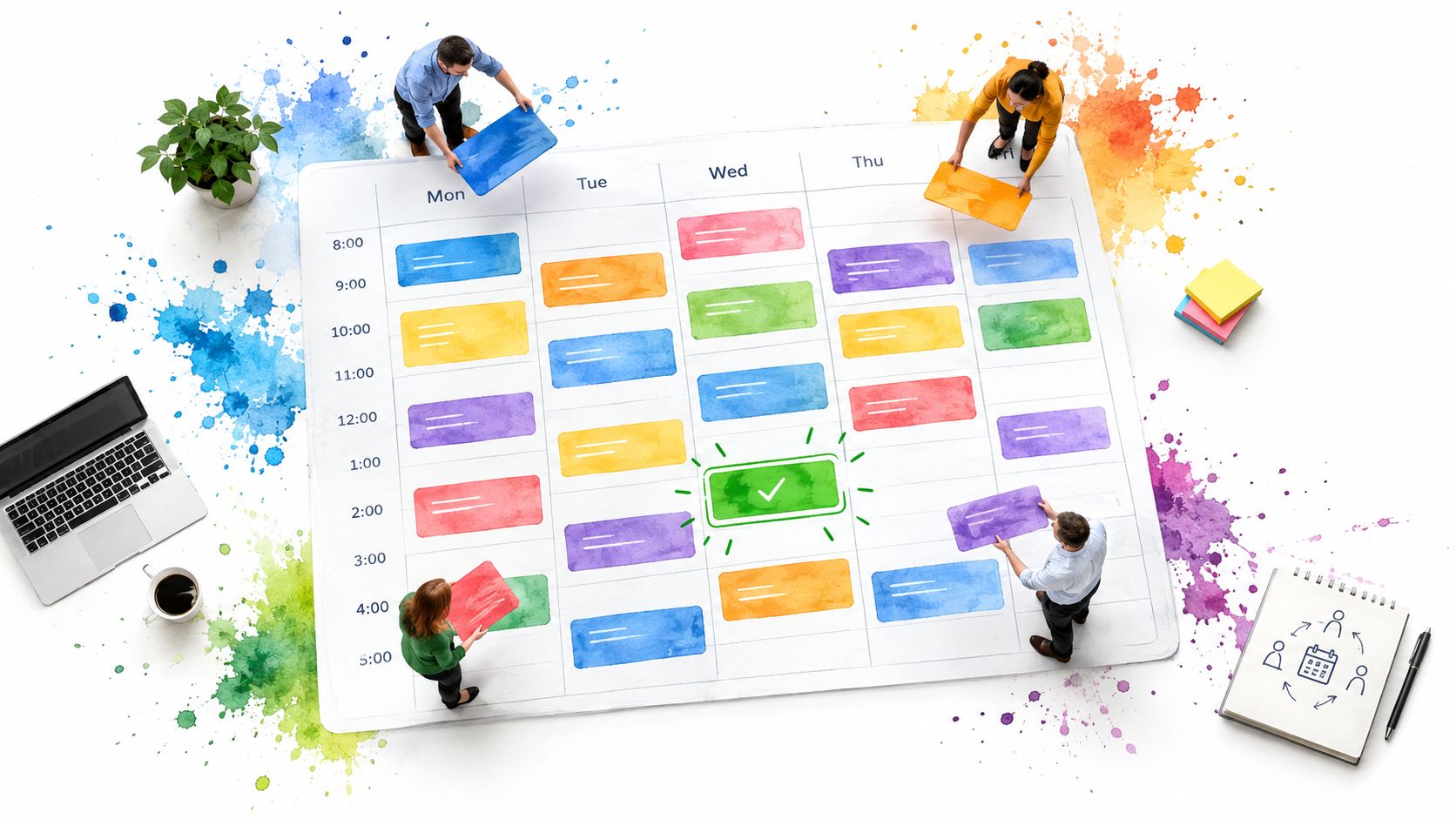 A team of professionals collaborating on a large weekly project schedule laid out on a white surface.