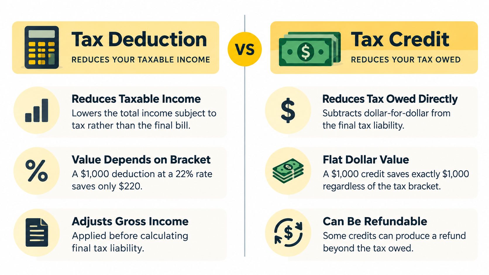 A comparison infographic explaining the differences between a tax deduction and a tax credit for taxpayers.