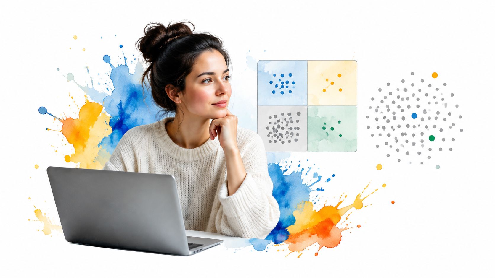 A young woman thoughtfully looking at a data visualization chart with abstract watercolor paint splashes behind her.
